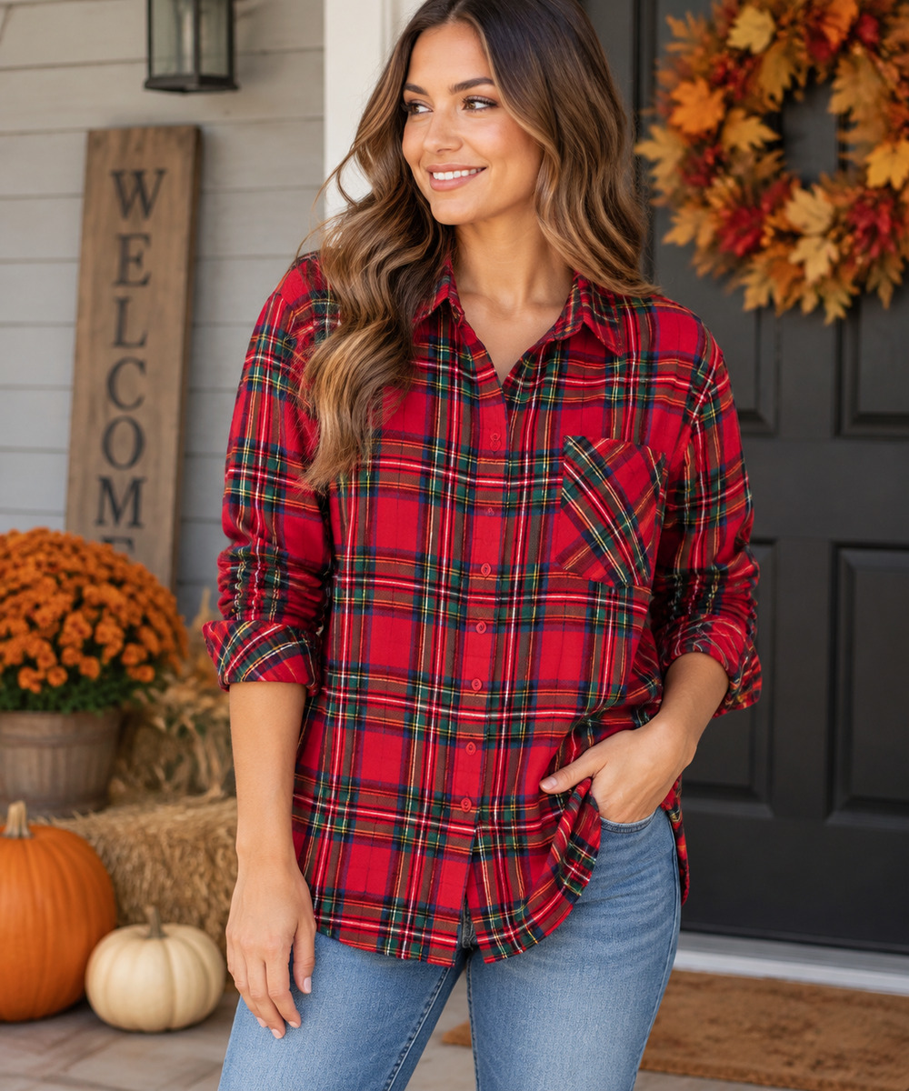 Time and Tru Red Plaid Flannel Shirt XL Cotton Button Front Tartan Fall